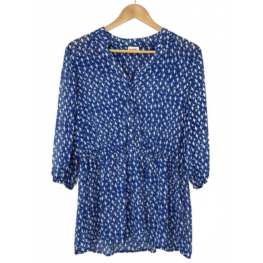 Mossimo Birds in Flight Print Blue and White Patterned Tunic Blouse
